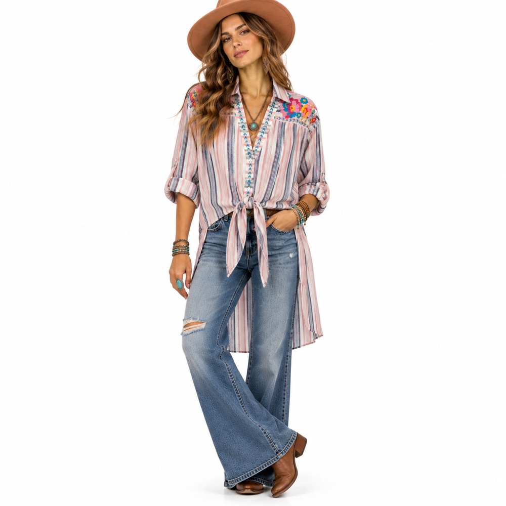 Andree By Unit Womens L Stripe Embroidered Floral High Low Tie Front Boho Top
